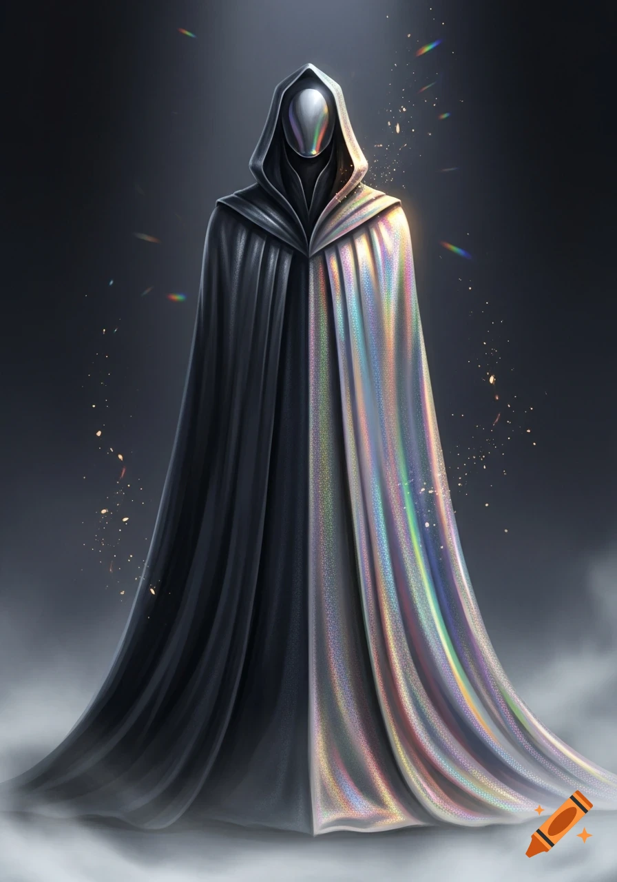 A hooded figure with a featureless, reflective face wears a cloak that is black on one side and iridescent on the other, surrounded by glowing sparks.