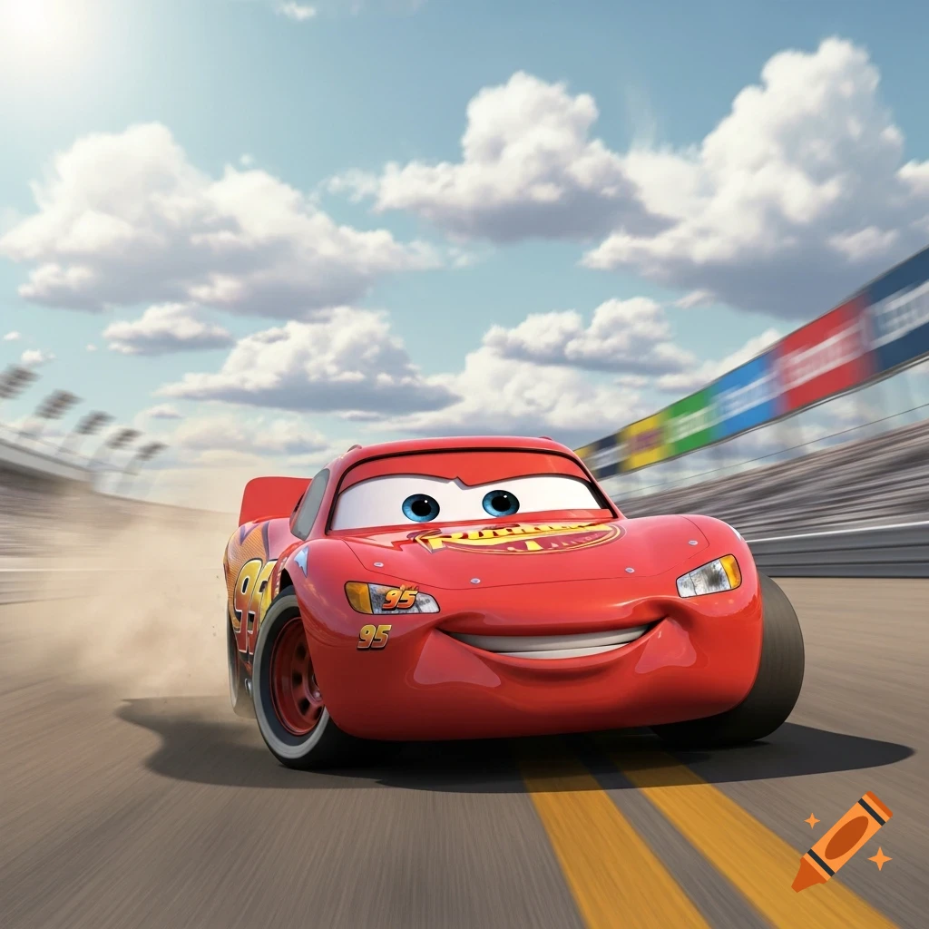 Lightning McQueen, a red race car with blue eyes and the number 95, speeds around a track under a cloudy sky.
