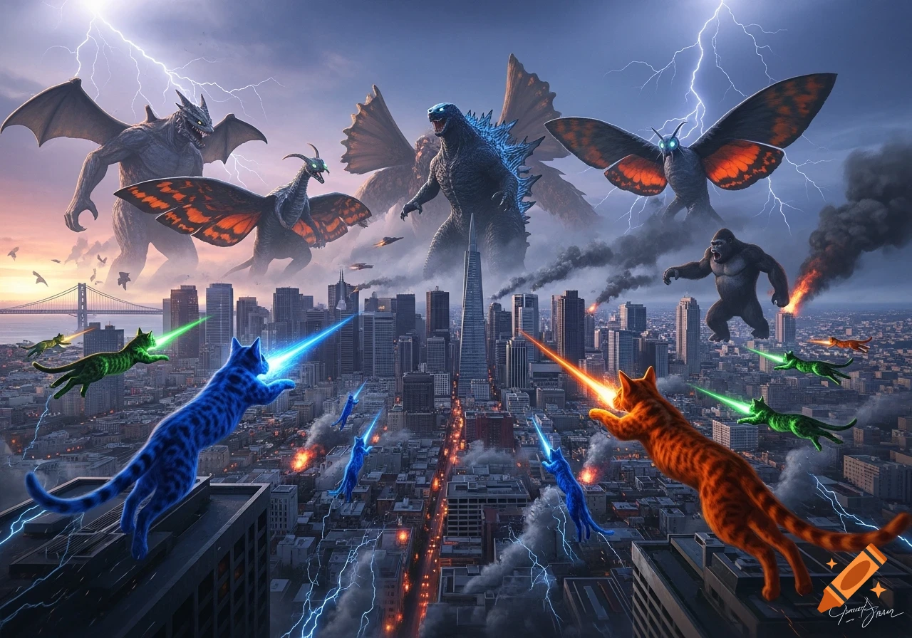 Giant glowing cats battle Godzilla, King Kong, Mothra, and other kaiju over a lightning-struck San Francisco city skyline.