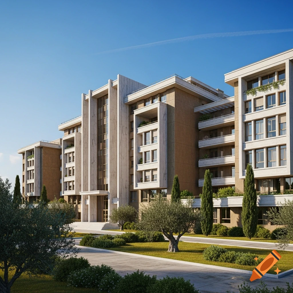 A photorealistic apartment complex in Greek Socialist Modernism style, with light concrete, balconies, and green landscaping under a clear blue sky.
