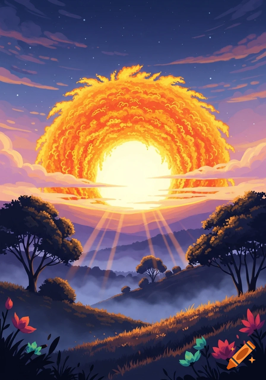Stylized illustration of a large, textured orange and yellow sun rising over a misty valley with silhouetted trees and colorful flowers in the foreground.