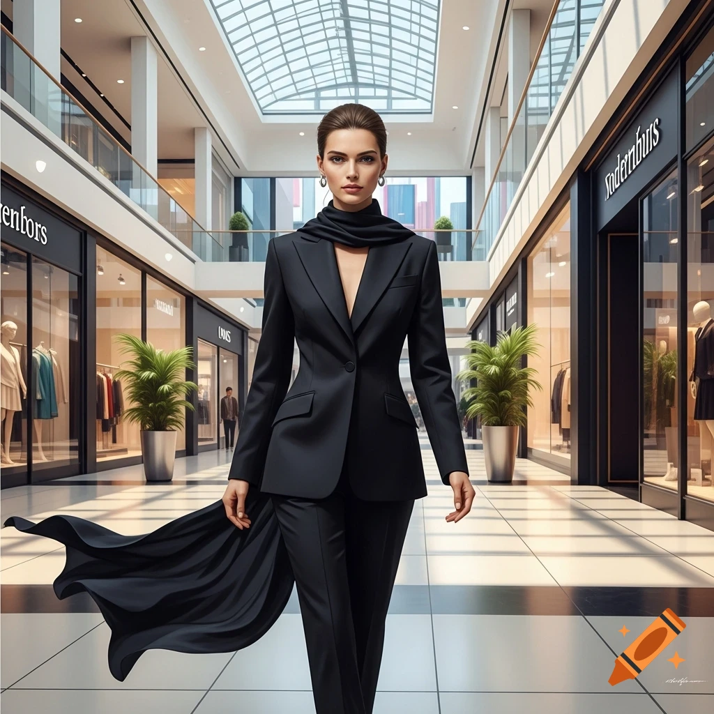 A stylish woman in a black suit with a flowing scarf walks confidently through a brightly lit shopping mall.