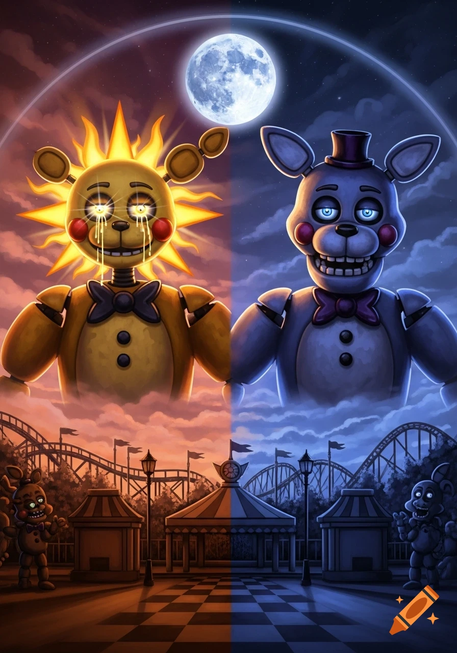 Split image of an amusement park; left is day with a sun animatronic, right is night with a moon animatronic, full moon above.