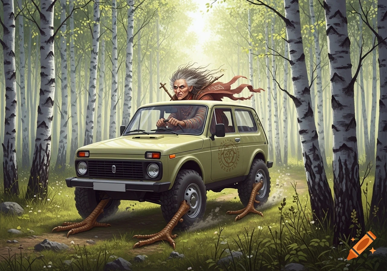 A Baba Yaga-like figure drives a Lada Niva with chicken legs through a birch forest, in a stylized fantasy illustration.