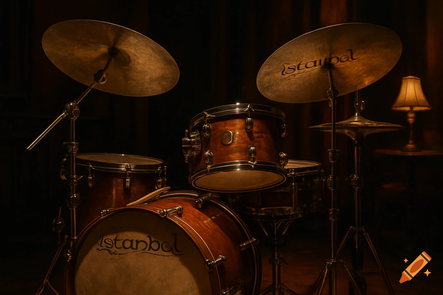 A close-up, warm-toned photo of a vintage jazz drum set with cymbals, dramatically lit from above.