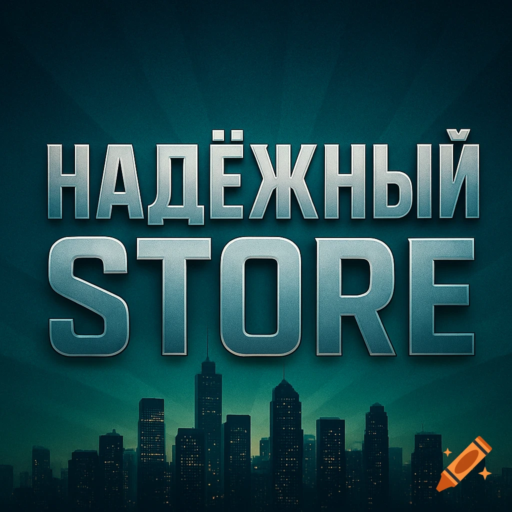 A metallic text logo reads "НАДЁЖНЫЙ STORE" (Reliable Store) above a dark cityscape silhouette against a teal background.