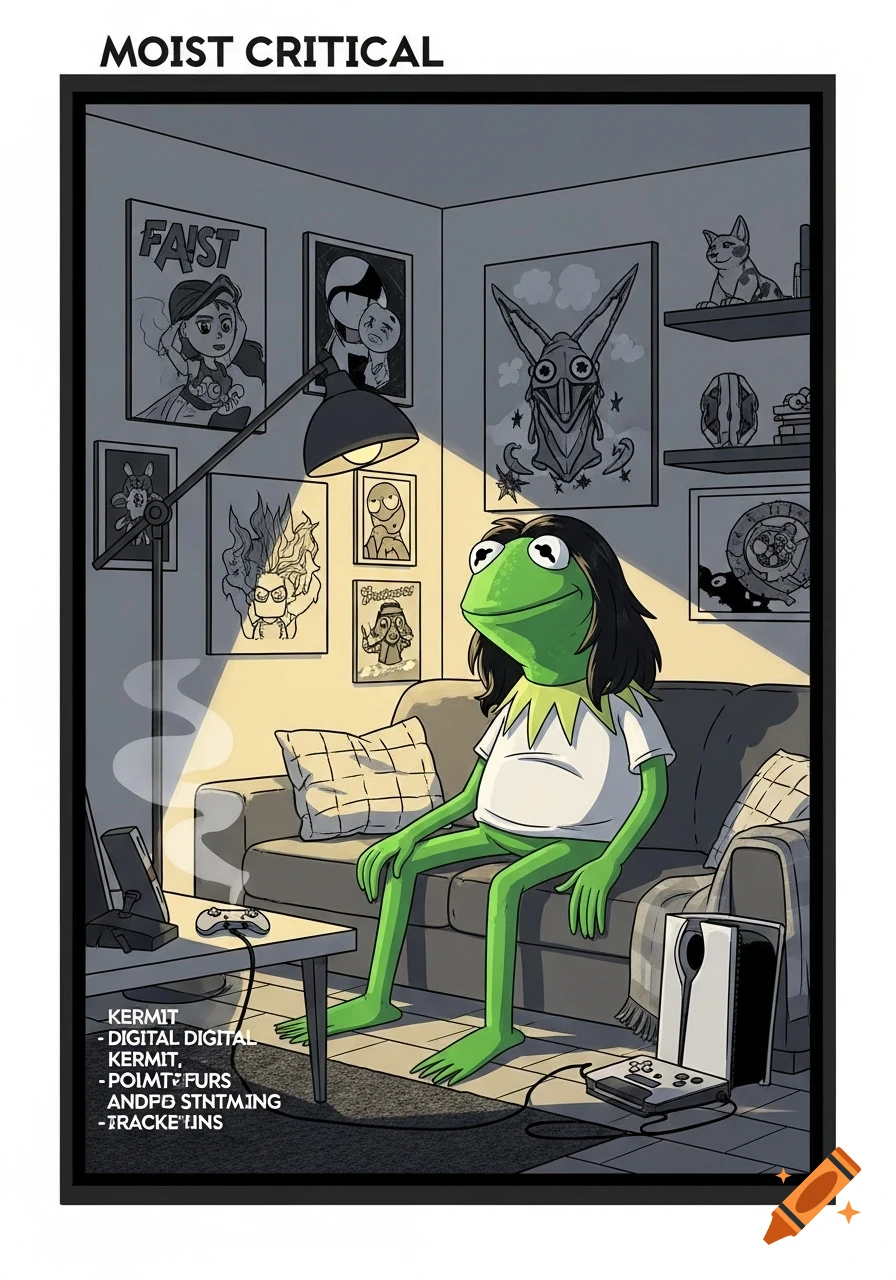 Kermit the Frog with long black hair, wearing a white t-shirt, sits on a couch in a room with posters and a gaming setup. A lamp illuminates him. Text at the top reads "MOIST CRITICAL".