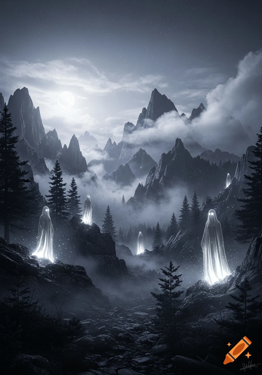A dark, monochromatic mountain landscape under a full moon, with glowing ghost figures among pine trees and mist.