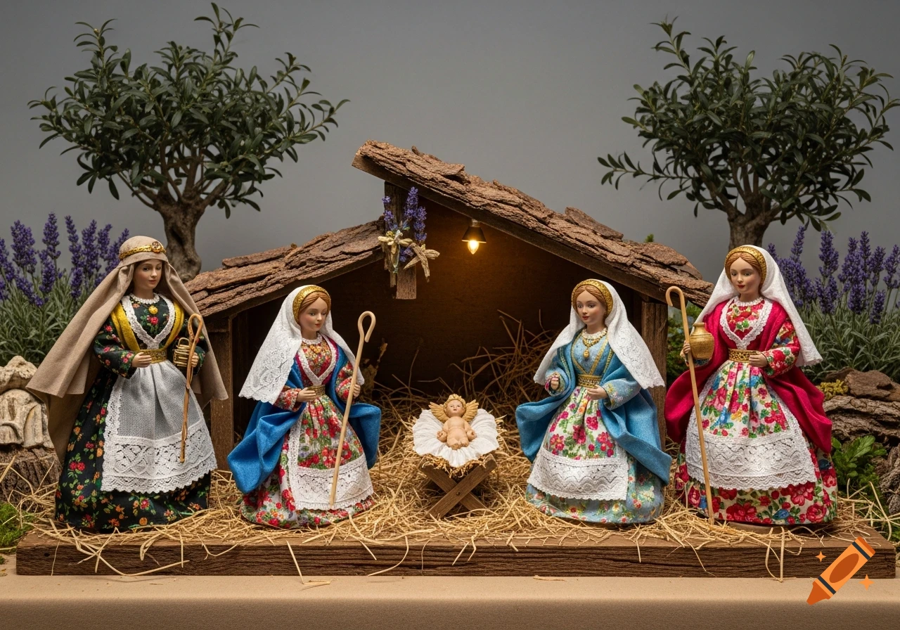Photorealistic image of a Provençal Christmas Nativity scene with dolls, baby Jesus, and female figures in traditional dresses around a wooden stable.