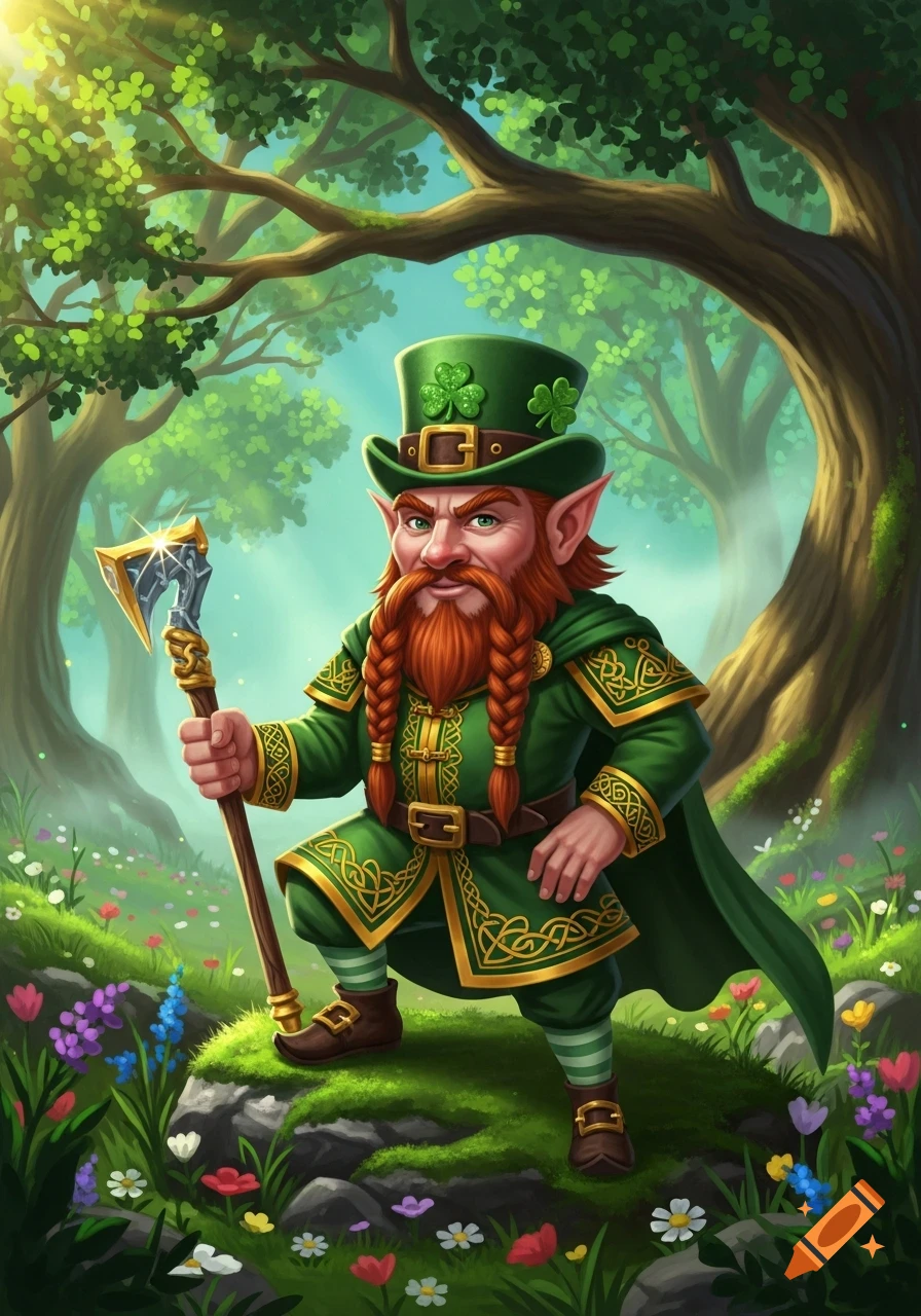 A detailed illustration of a stout leprechaun with a braided red beard and green suit, holding a golden axe in an enchanted forest.