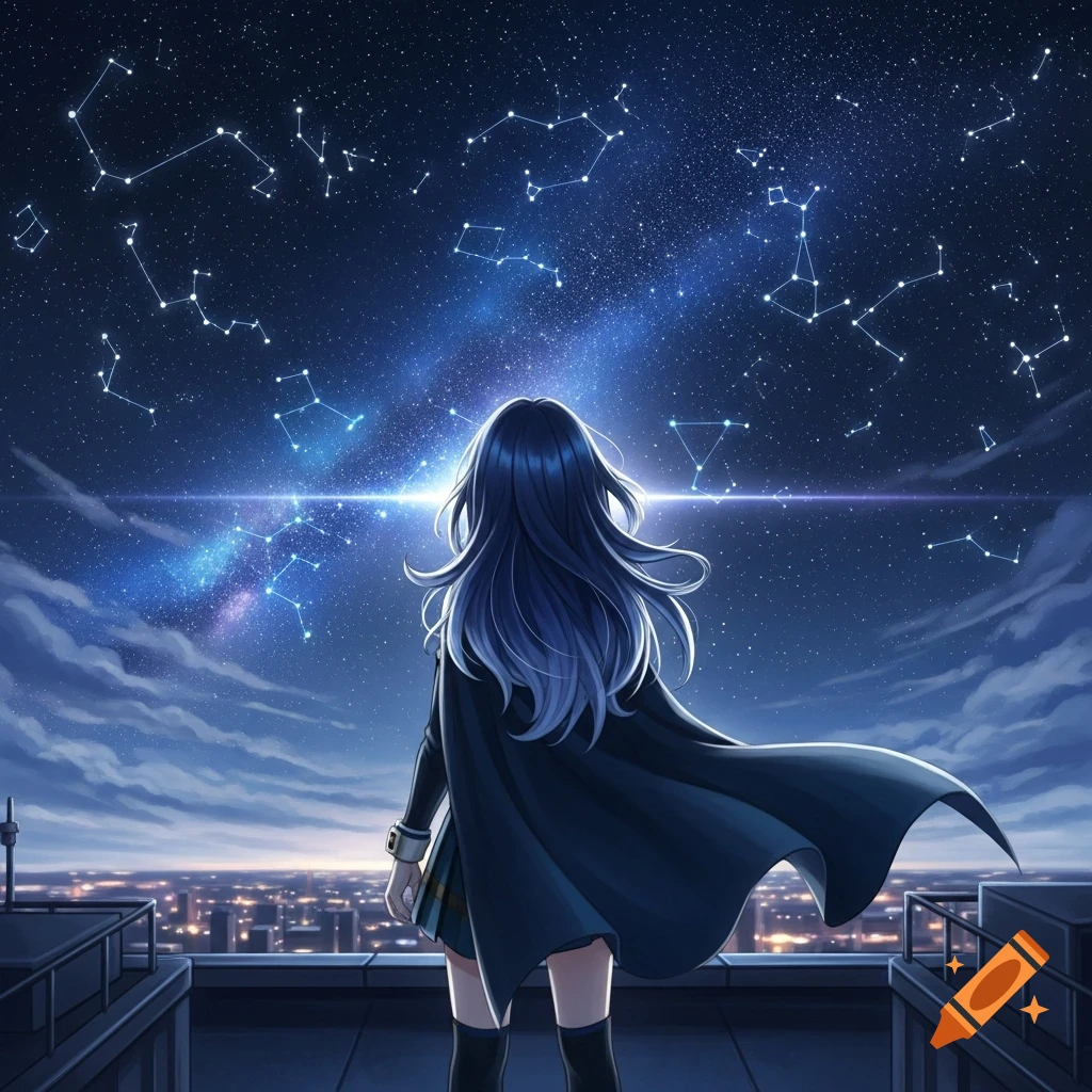 Blue-haired anime girl in a cloak on a rooftop looks up at a vibrant starry night sky with constellations over a city.