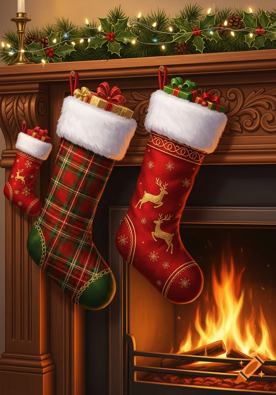 Three festive Christmas stockings, two large and one small, filled with gifts, hang from a decorated mantle above a crackling fireplace.