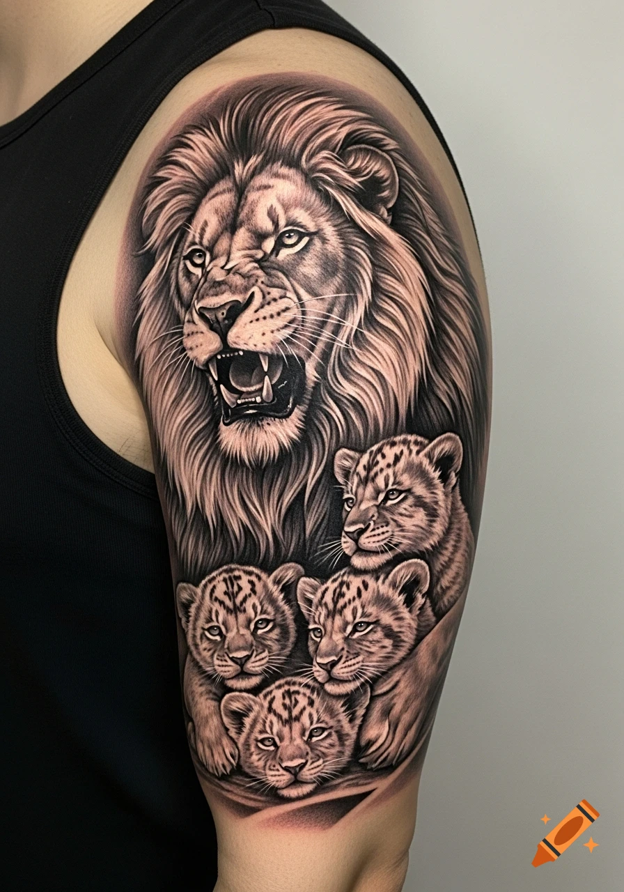 A detailed black and grey tattoo on an upper arm featuring a roaring lion protecting three small cubs.