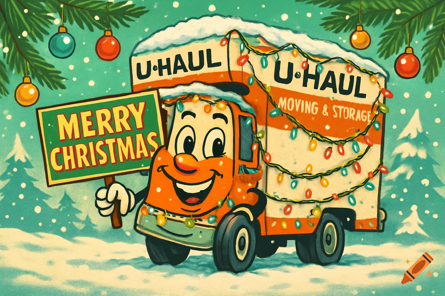 Cheerful retro cartoon of a U-Haul truck decorated with Christmas lights and snow, holding a 'Merry Christmas' sign in a snowy landscape with ornaments.