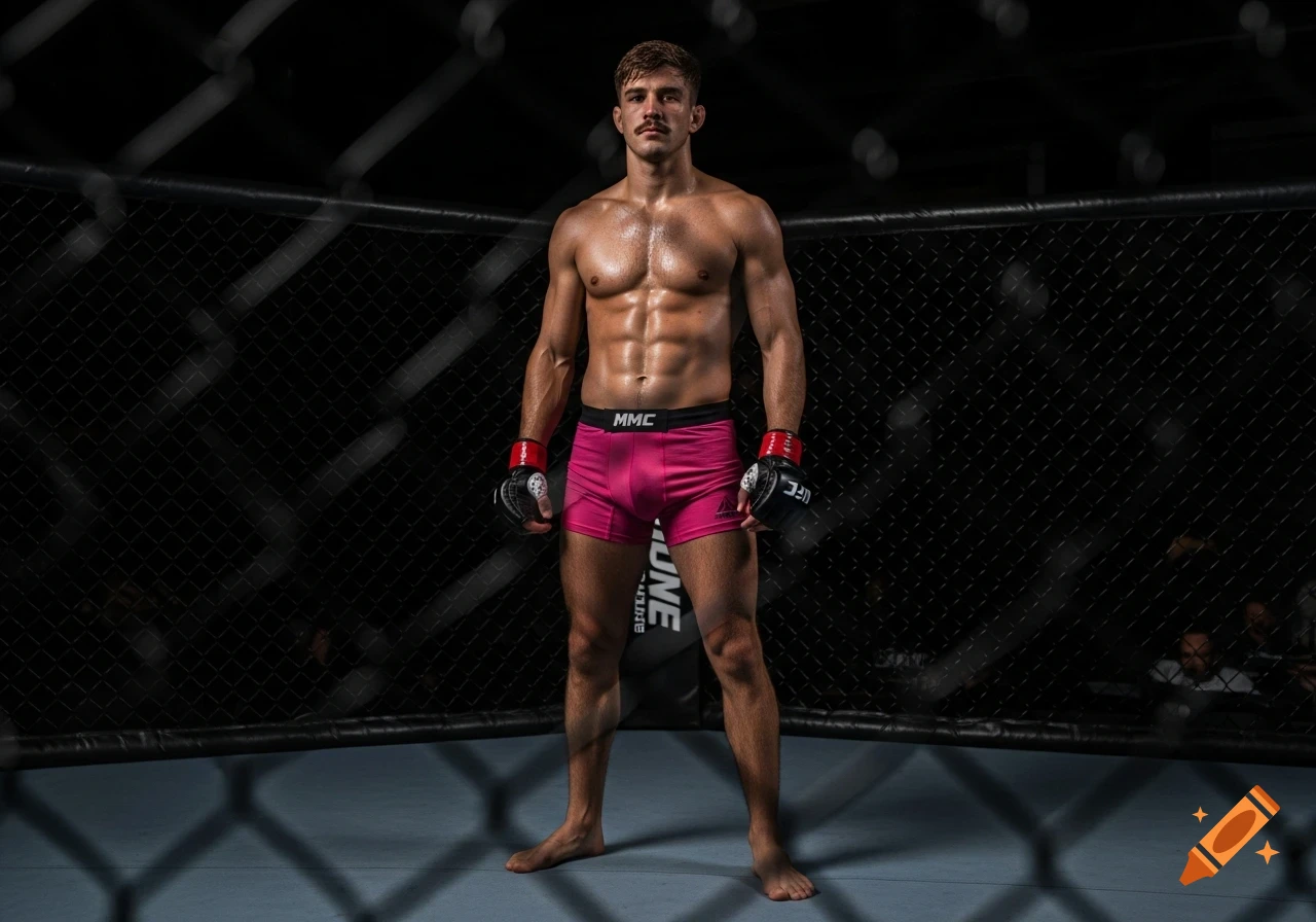 Muscular MMA fighter with a mustache, shirtless in pink shorts and black gloves, standing in an MMA cage.