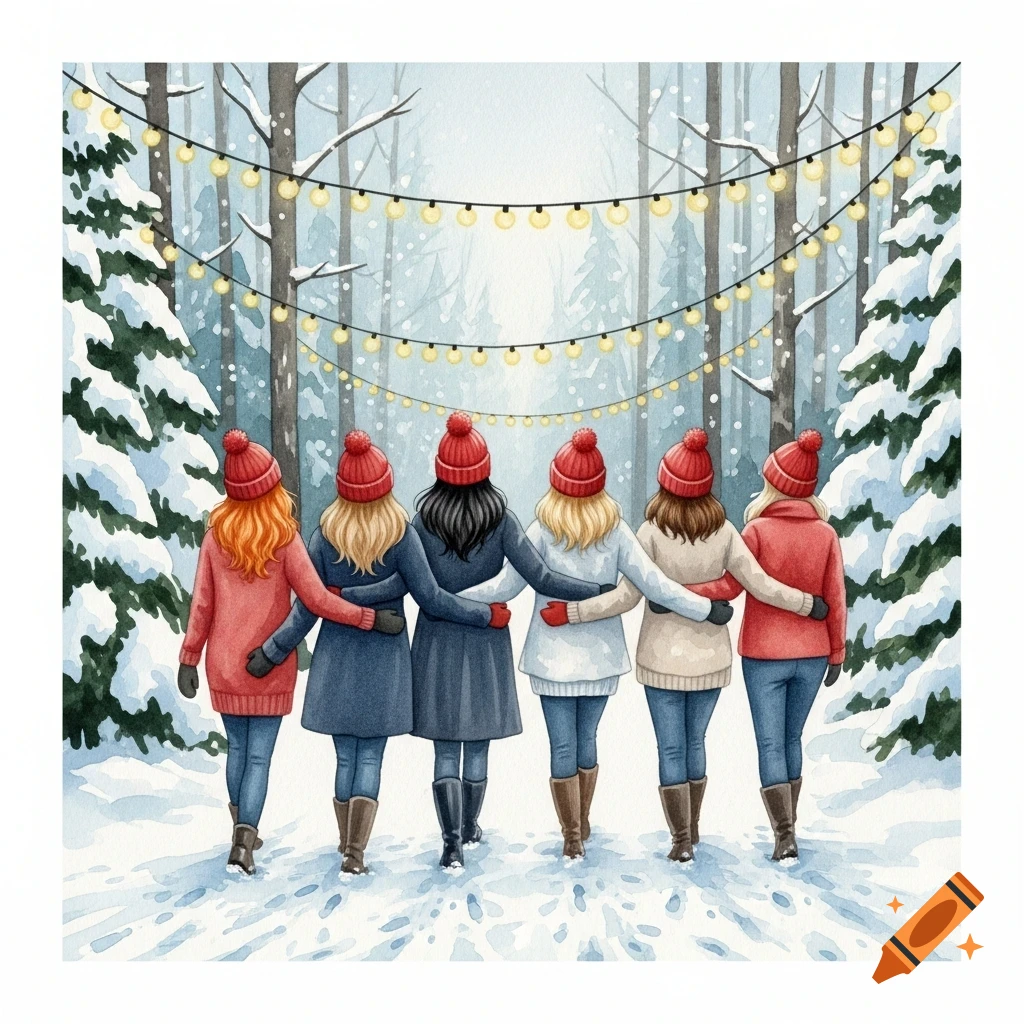 Watercolor of six women in red hats walking through a snowy winter forest under twinkling lights.