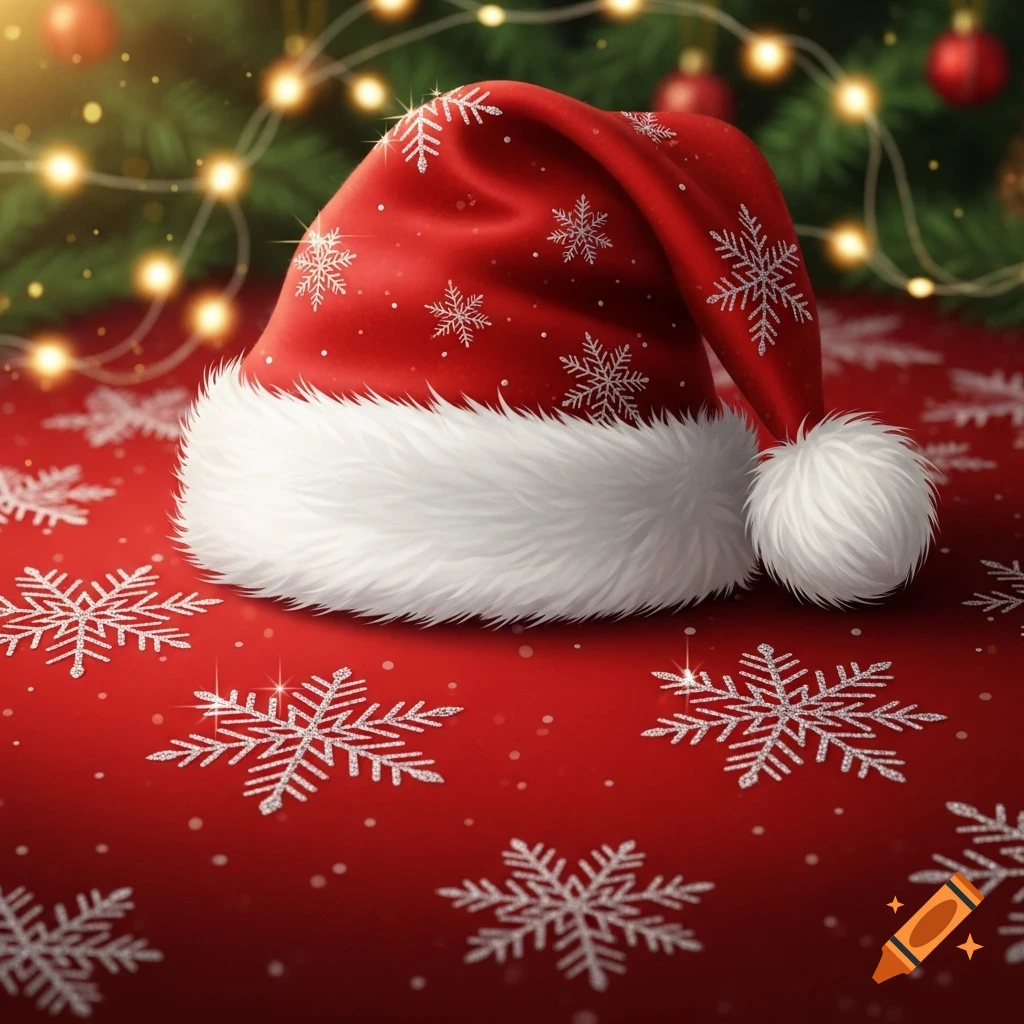 A red Santa hat with white fur trim and silver snowflakes rests on a red surface with glittery snow; blurred Christmas lights and tree behind.
