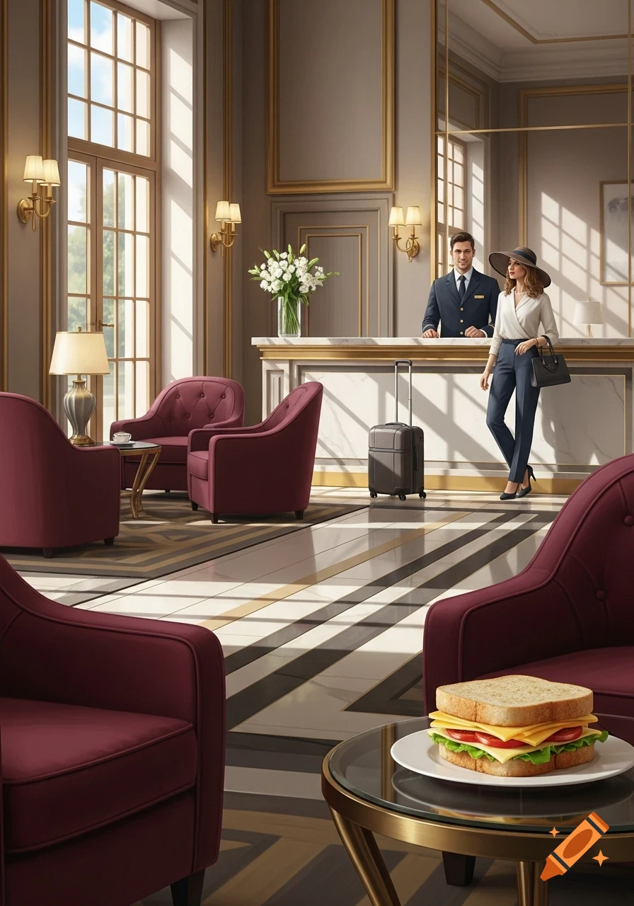 Photorealistic image of a man at a hotel reception desk, a woman with a suitcase, and a cheese sandwich on a table in a luxurious hotel lobby.