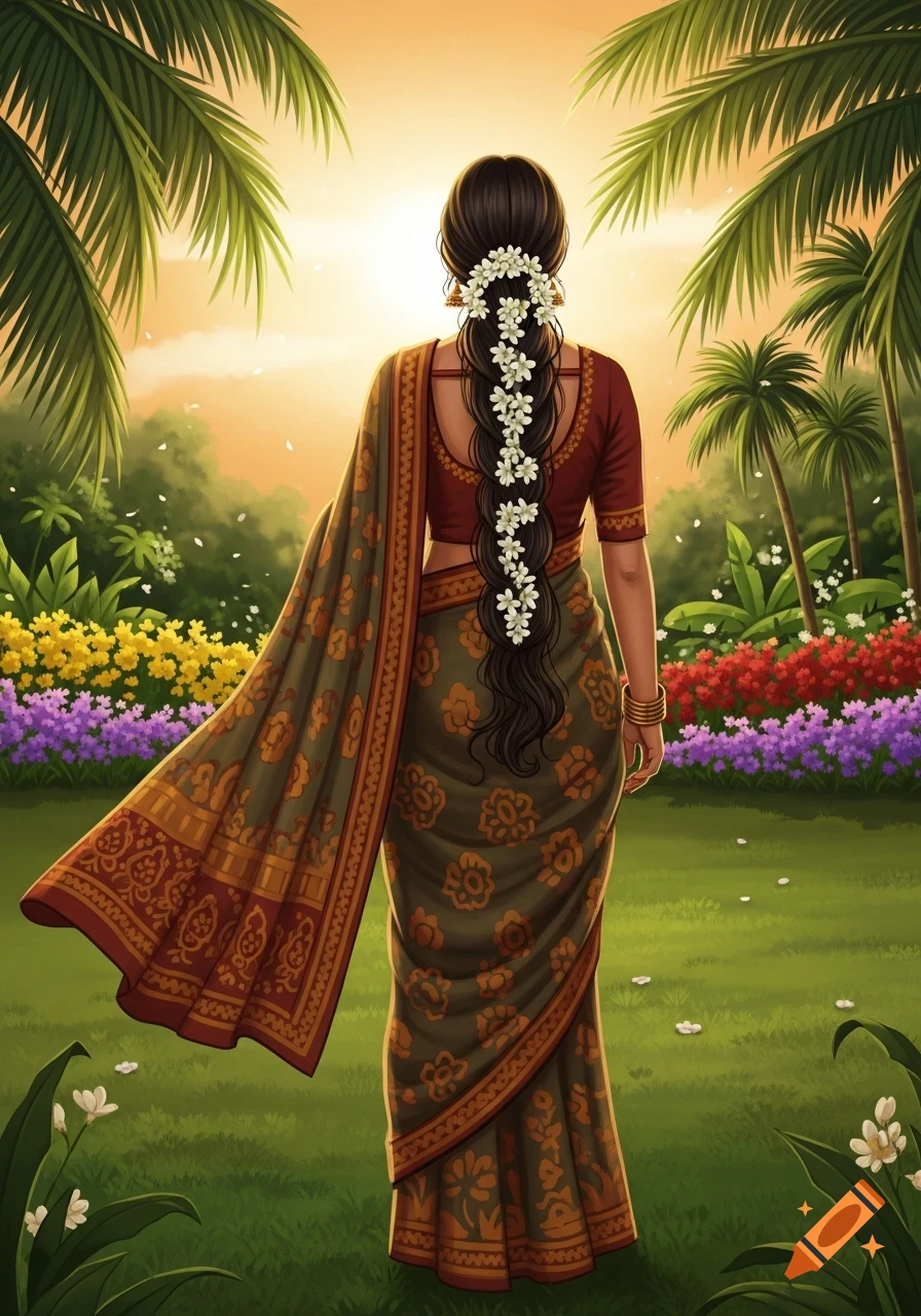 Illustration of a woman in a sari with flowers in her braided hair, viewed from behind in a lush tropical garden at sunset.