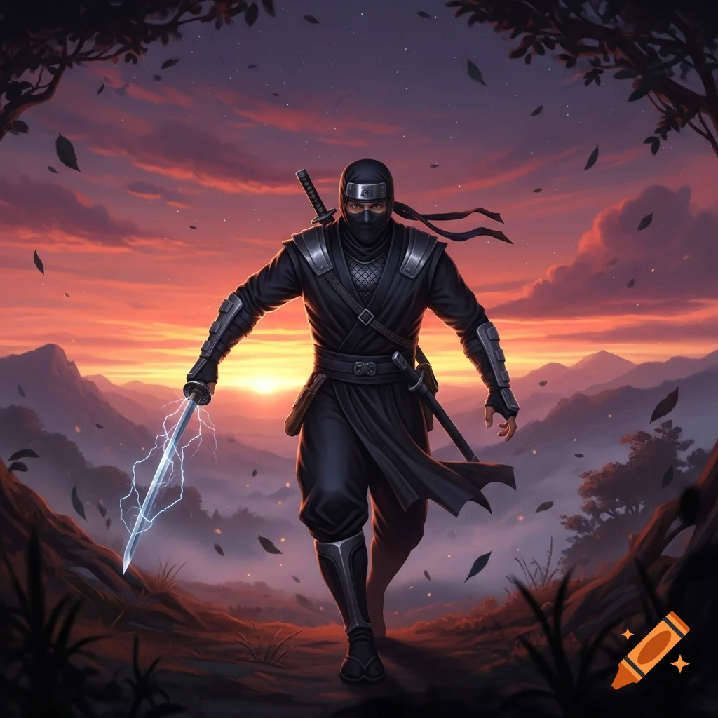 A ninja in black attire with a covered face strides forward, holding a lightning-infused katana, against a vibrant sunset over mountains.