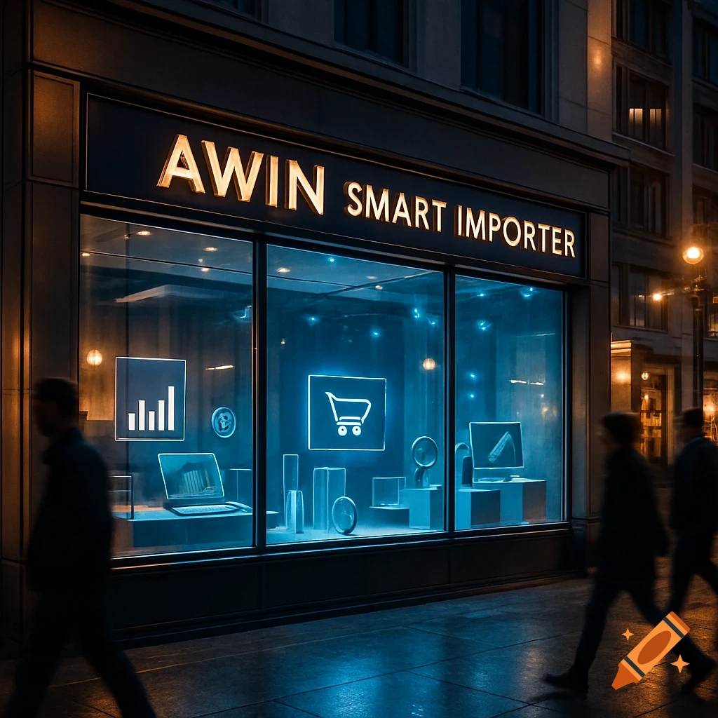 A glowing shop sign reading 'AWIN SMART IMPORTER' on a dark street at night, with digital displays in the window and blurred pedestrians walking by.