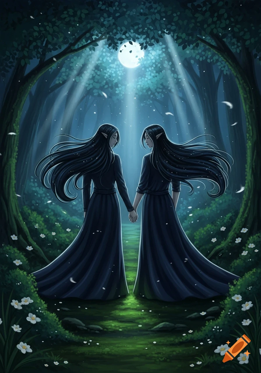 Two long-haired elves in dark dresses hold hands in a magical, moonlit forest illustration.