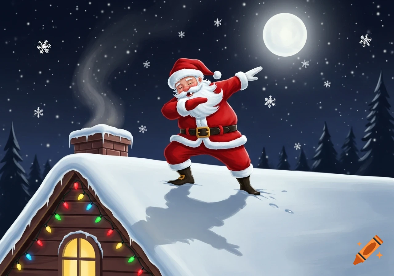 Cartoon Santa Claus dabbing on a snowy rooftop adorned with Christmas lights under a full moon and falling snow.