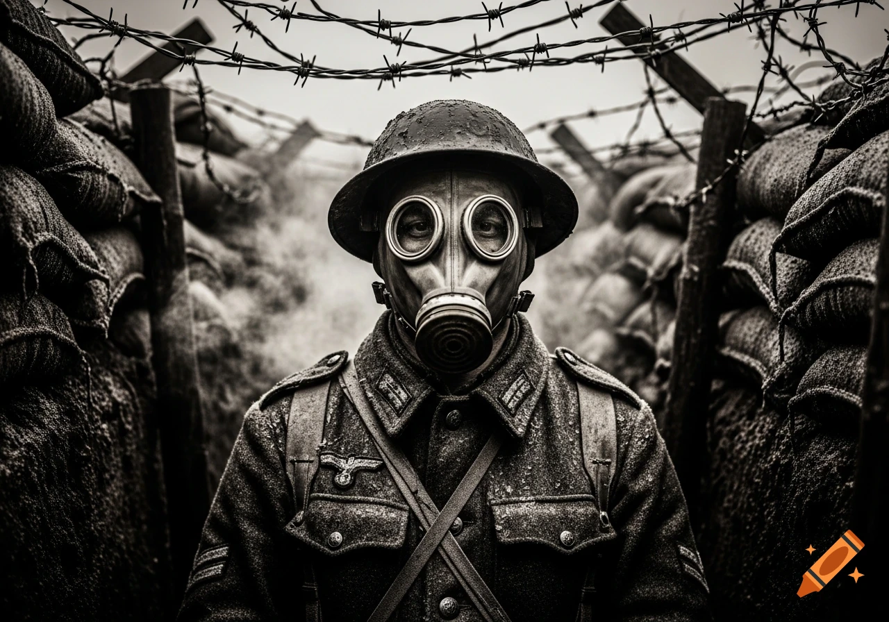 A black and white close-up of a WWI soldier wearing a gas mask and helmet, standing in a trench with barbed wire overhead.