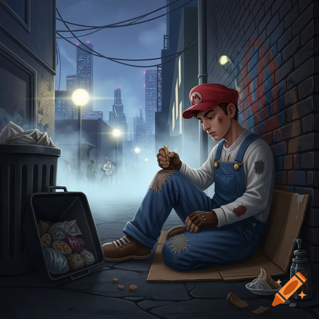 A sad, disheveled Mario-like character with a red hat sits in a dark urban alley, eating crumbs next to a trash can.
