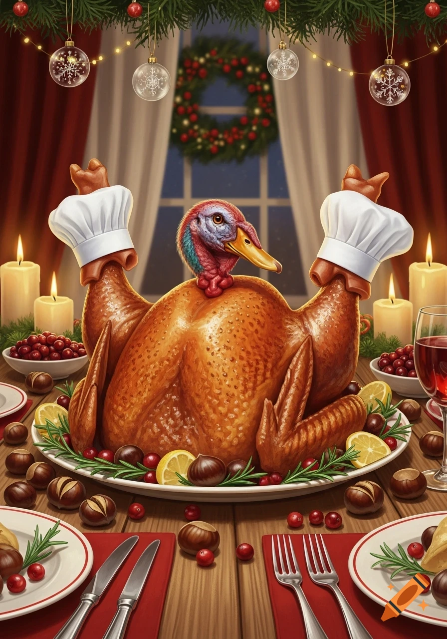 A roasted turkey with a duck head and chef hats on its trotters, set on a festive Christmas table with cranberries and chestnuts.