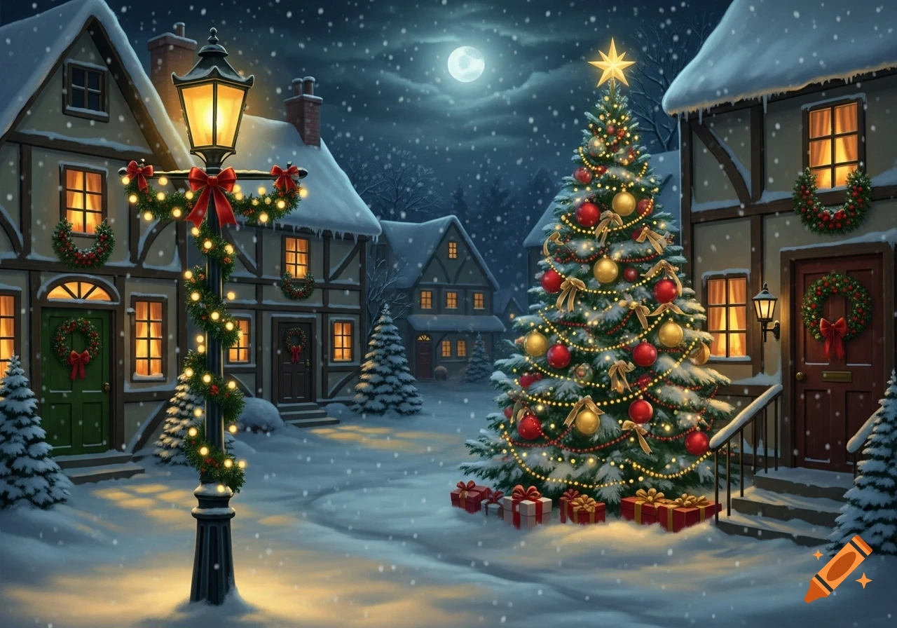 A festive, snowy Christmas village at night with a large decorated tree, a glowing lamppost, and cozy houses under a full moon.