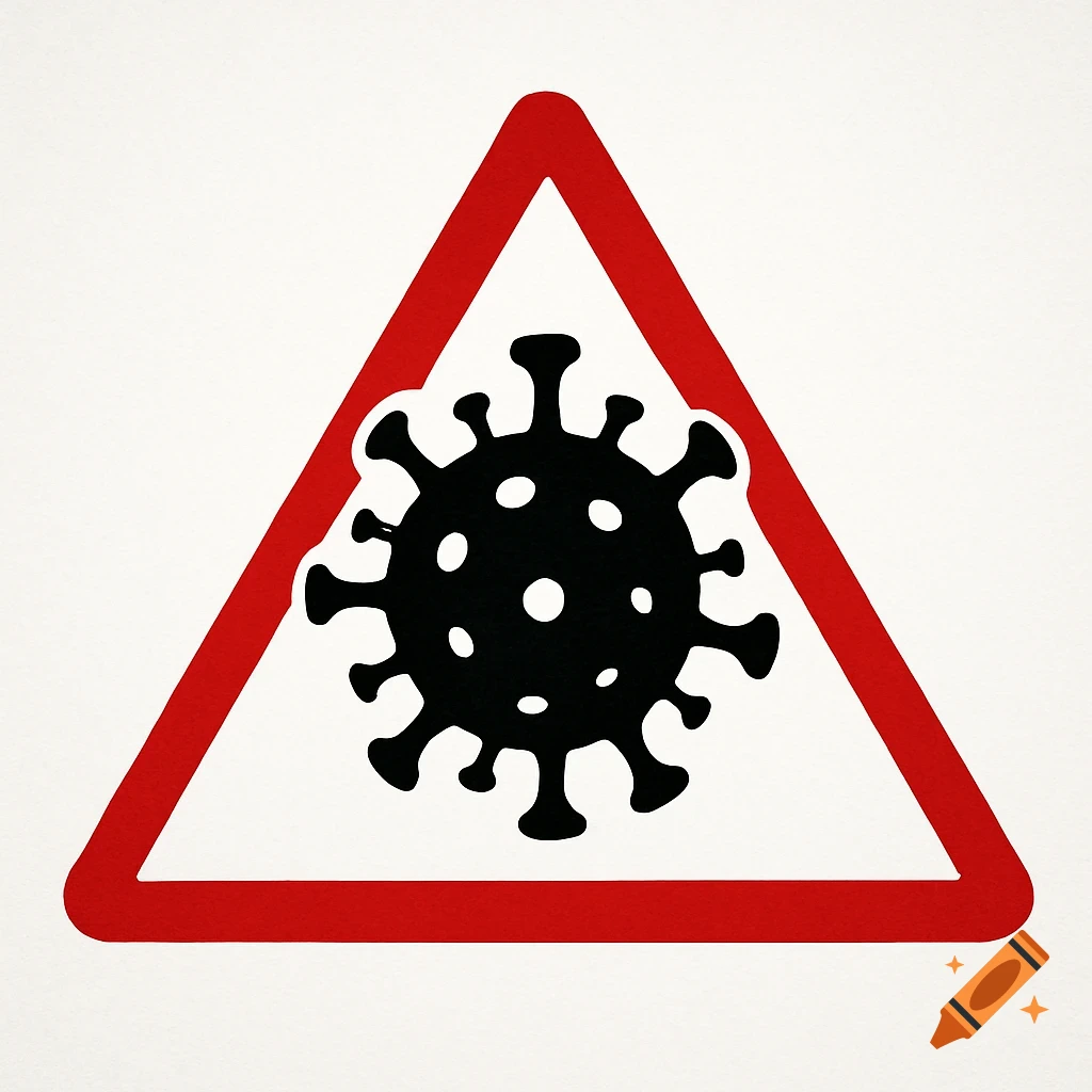 A black COVID virus icon in a red warning triangle on a white background.