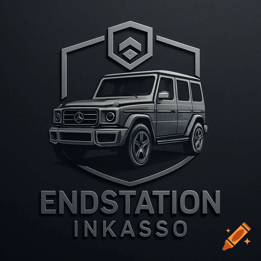 Metallic gray logo featuring a stylized Mercedes G-Class SUV within a hexagonal emblem, with 'ENDSTATION INKASSO' text below.