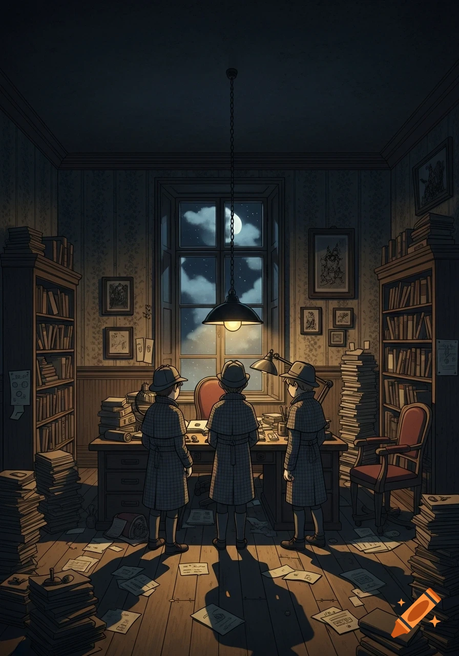 Three cartoon detectives in trench coats and hats stand at a desk in a dark, cluttered study, looking out a moonlit window.