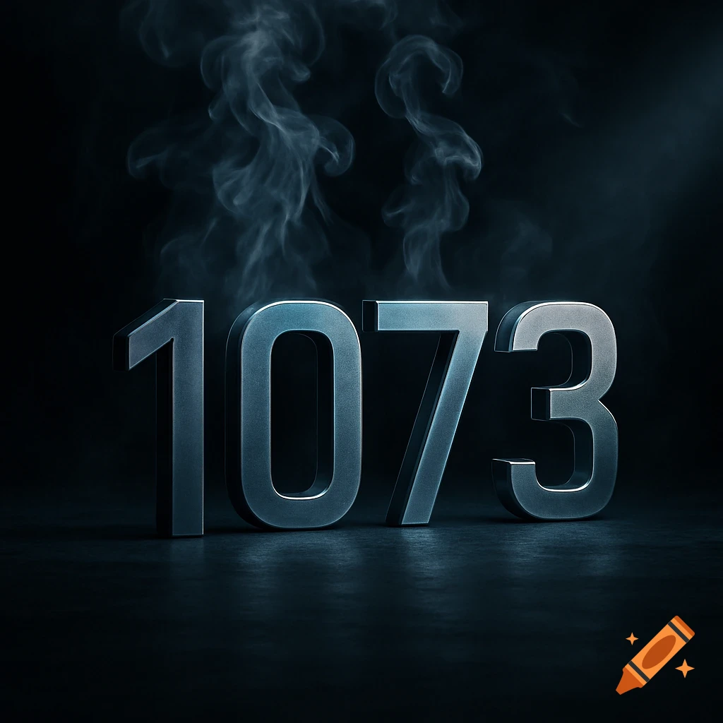 3D metallic numbers 1073 emitting smoke on a dark, reflective surface.