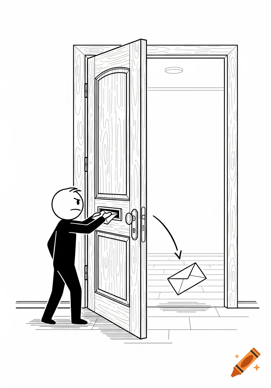 A black and white line drawing shows a stick figure putting a letter into a door's mail slot, with an arrow indicating the letter falling to the floor.