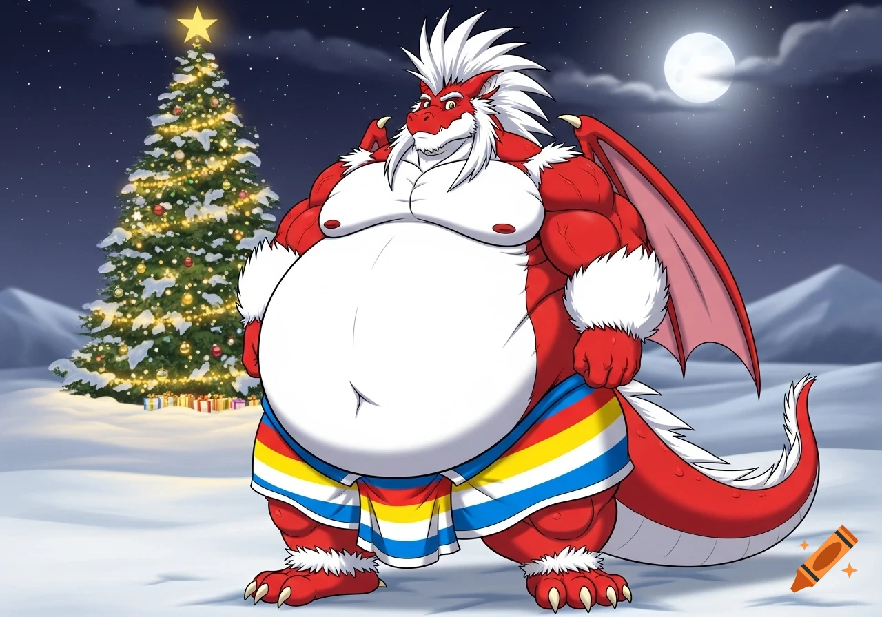 A cartoon drawing of an obese red anthropomorphic dragon with a white spiky mohawk and fur, wearing a colorful loincloth, standing in a snowy landscape with a lit Christmas tree and full moon.