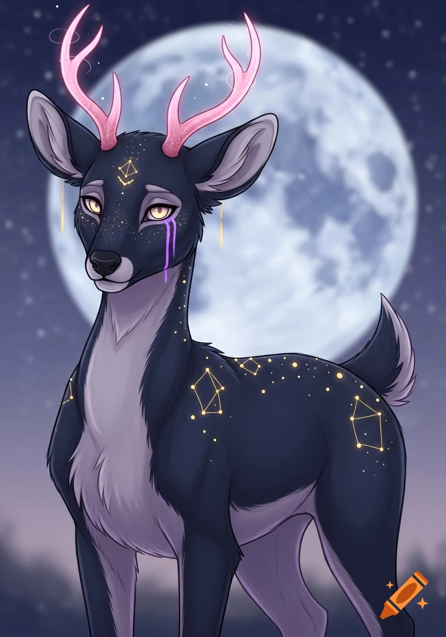 An illustration of a celestial anthro deer with dark fur marked with constellations and pink glowing antlers, standing before a full moon.