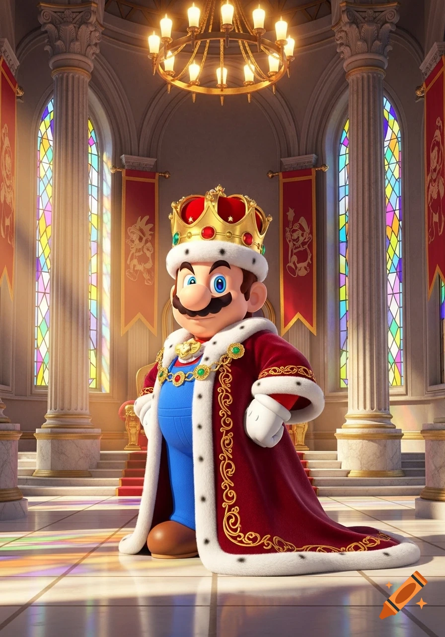 King Mario in a royal red robe and gold crown, standing in a grand hall with columns and stained glass windows.