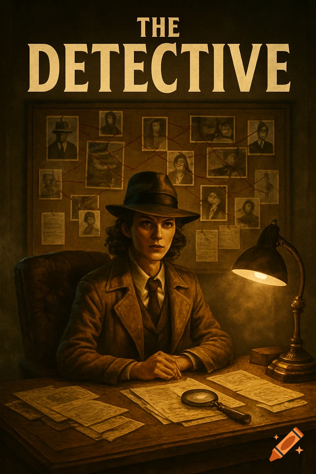 A detective in a trench coat and fedora sits at a desk with papers, a magnifying glass, and a pinboard of suspects behind her. Noir poster style.