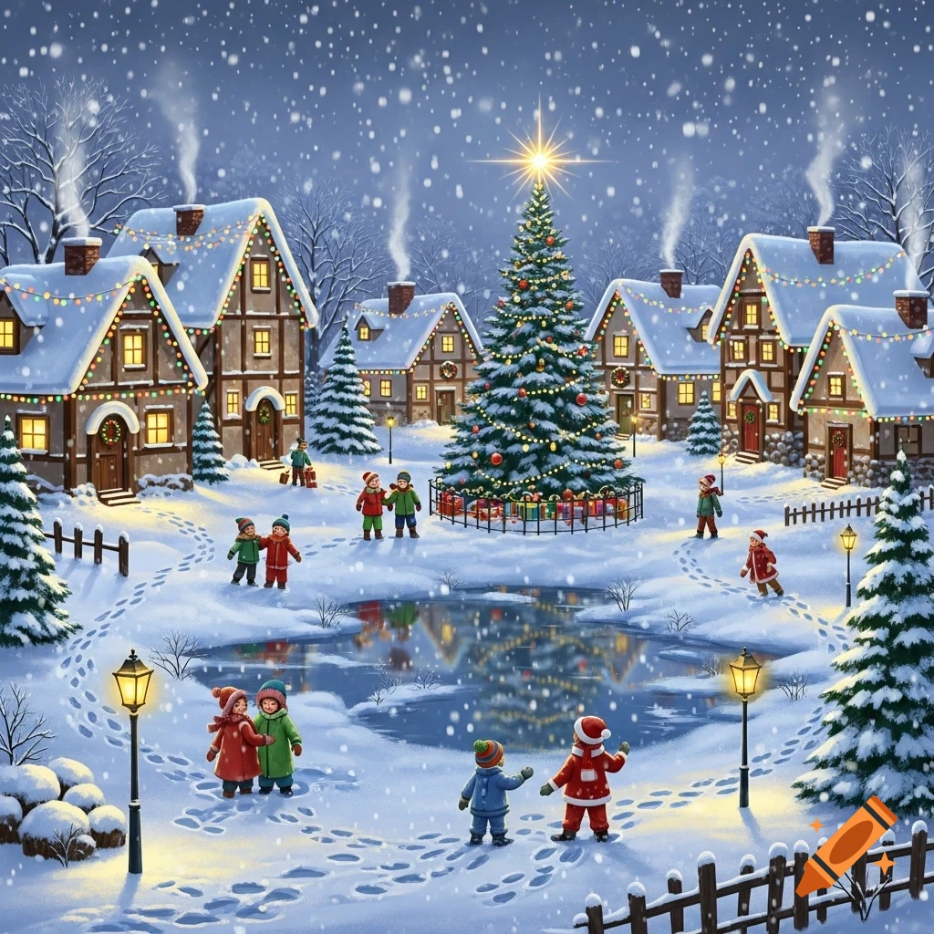 An enchanting illustration of a snowy Christmas village scene with a large decorated tree, houses with festive lights, and children playing around a frozen pond.