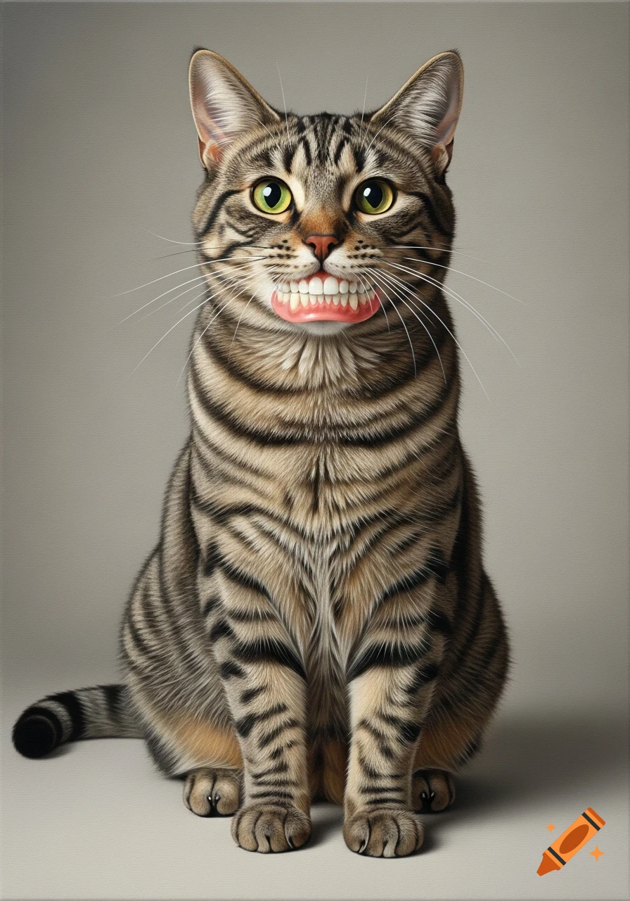 Photorealistic tabby cat with human dentures in its mouth, sitting frontally against a neutral background, looking friendly and surprised.
