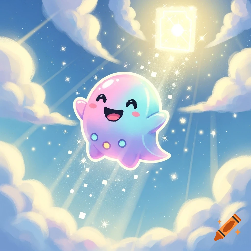 A happy, pastel-colored, ghost-like creature floats among clouds and stars, looking up at a glowing square in a light blue sky, in a whimsical cartoon style.