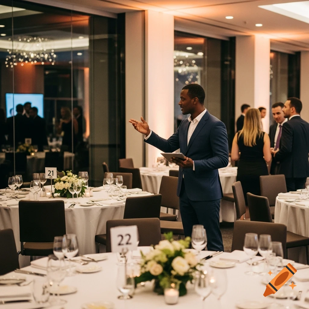 A man in a blue suit speaks, holding a tablet, amidst round tables set for a formal event with white flowers. Photorealistic.