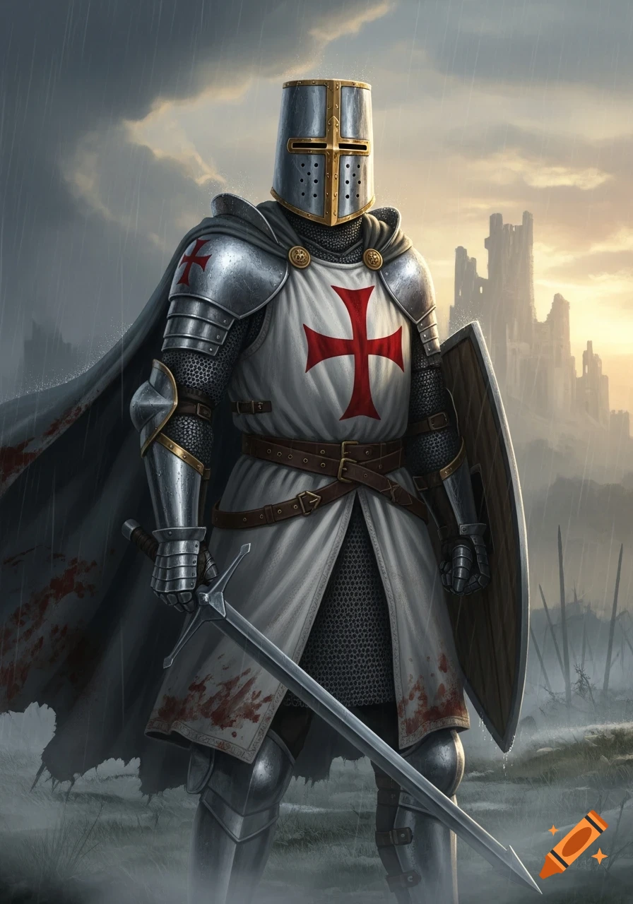 A Templar knight in full armor, holding a sword and shield, stands in a rainy, desolate landscape with castle ruins.
