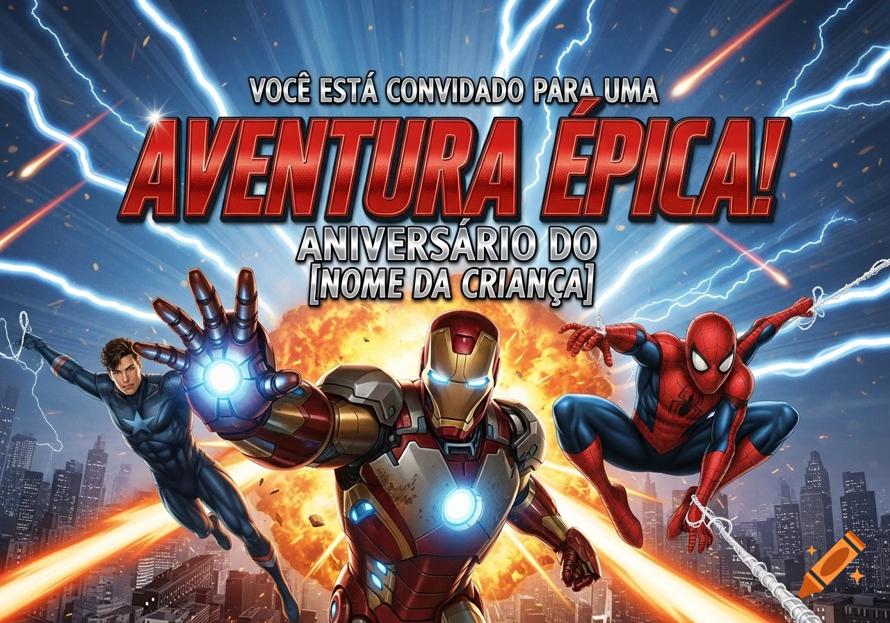 A Marvel-themed birthday invitation featuring Iron Man, Spider-Man, and a Captain America-like hero soaring over a city.