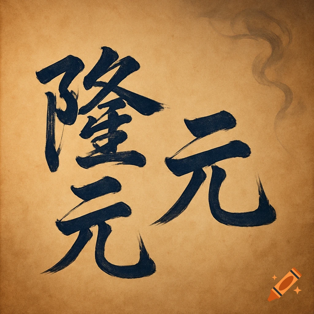 Dark blue semi-cursive Japanese calligraphy of kanji '"隆元"' on textured brown paper with subtle shading.