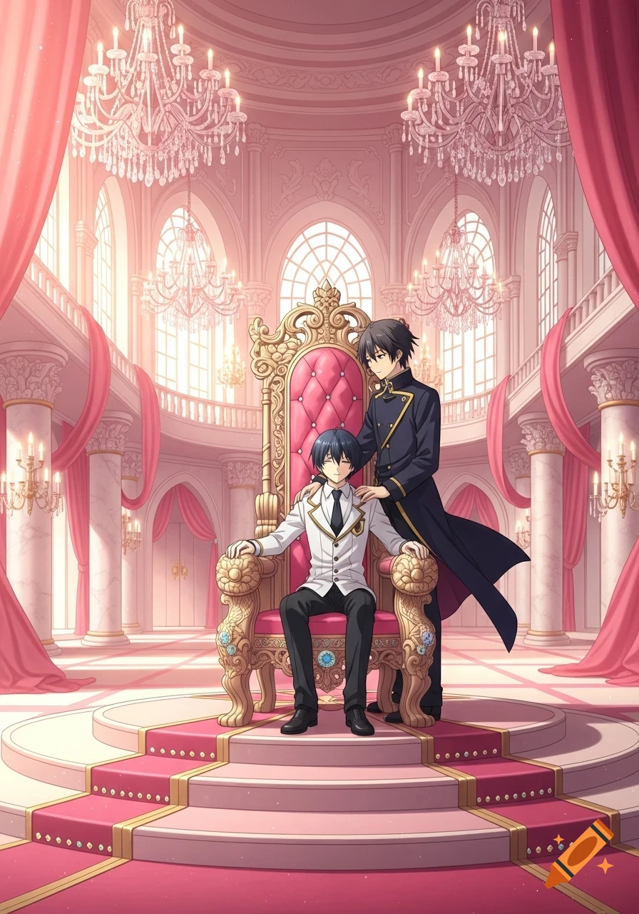 Two anime men in a grand pink palace. One sits on a golden throne while the other stands behind him, hand on his shoulder.