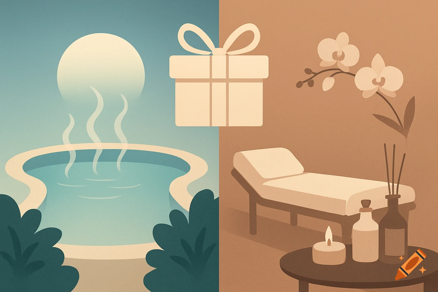Stylized split illustration featuring a steaming hot tub on the left and a massage bed with spa items and an orchid on the right, with a gift box icon above.