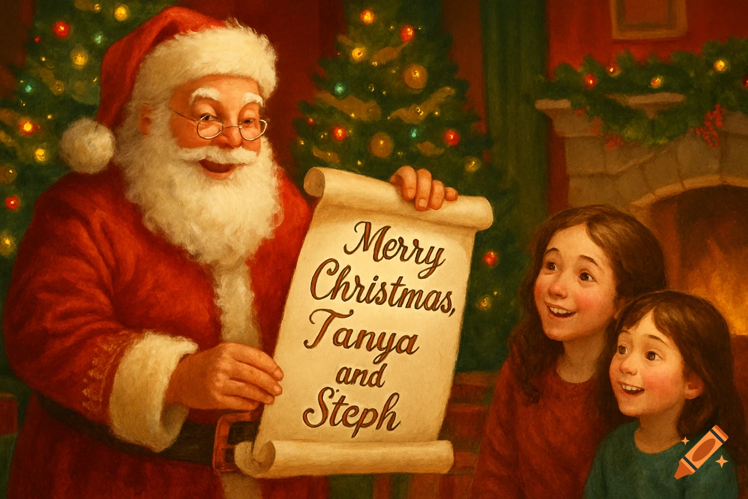 Santa Claus in a festive, illustrated room holds a scroll reading 'Merry Christmas, Tanya and Steph' to two smiling girls.